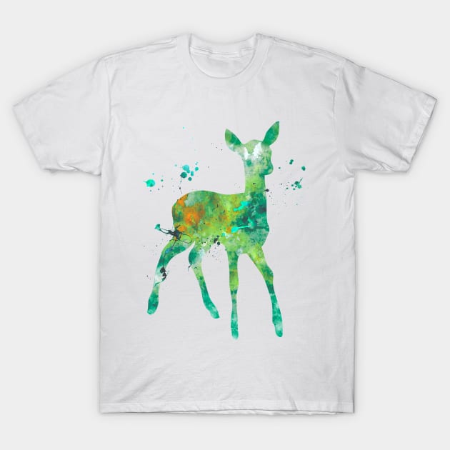 Green Fawn Watercolor Painting T-Shirt by Miao Miao Design